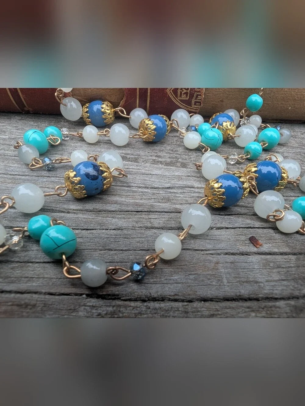 Gold-Tone Turquoise Blue Beaded Strand Necklace